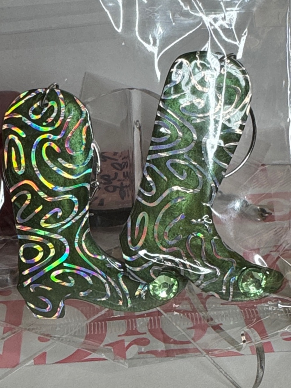 Green Holographic Cowboy Boot Earrings